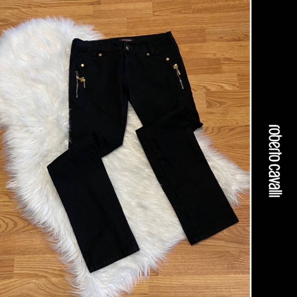 Roberto Cavalli Black Jeans with Gold Zipper Accents